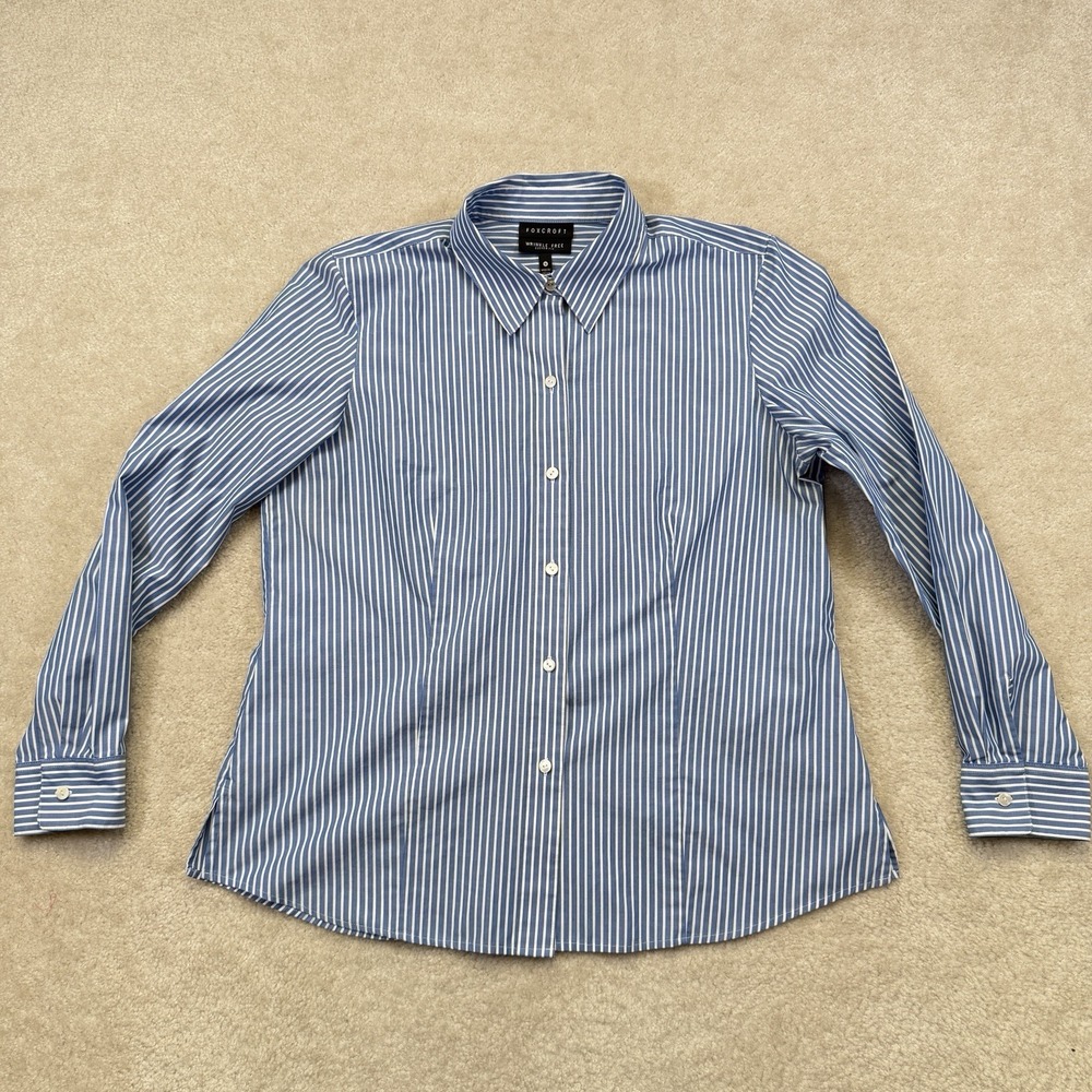 Foxcroft Wrinkle Free Button Shirt Womens 16 Blue White Stripe Fitted